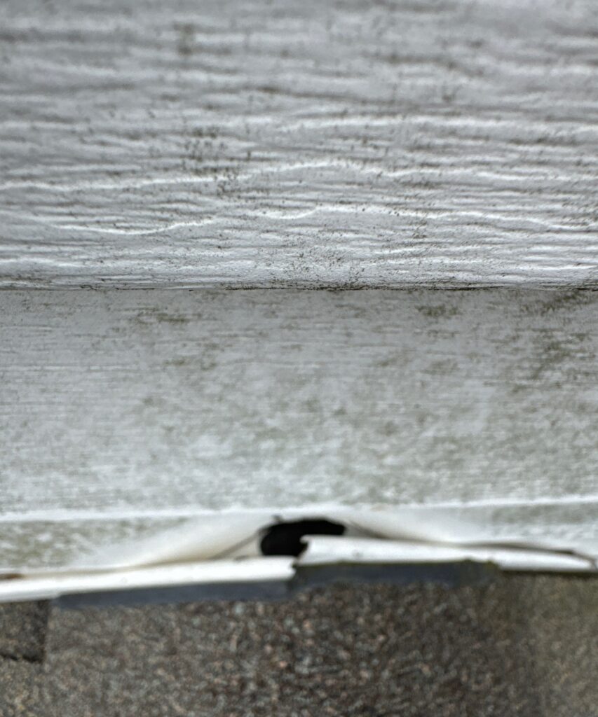 A close-up view of a damaged section of white vinyl siding, showing a puncture or hole near the bottom edge above the roofline.