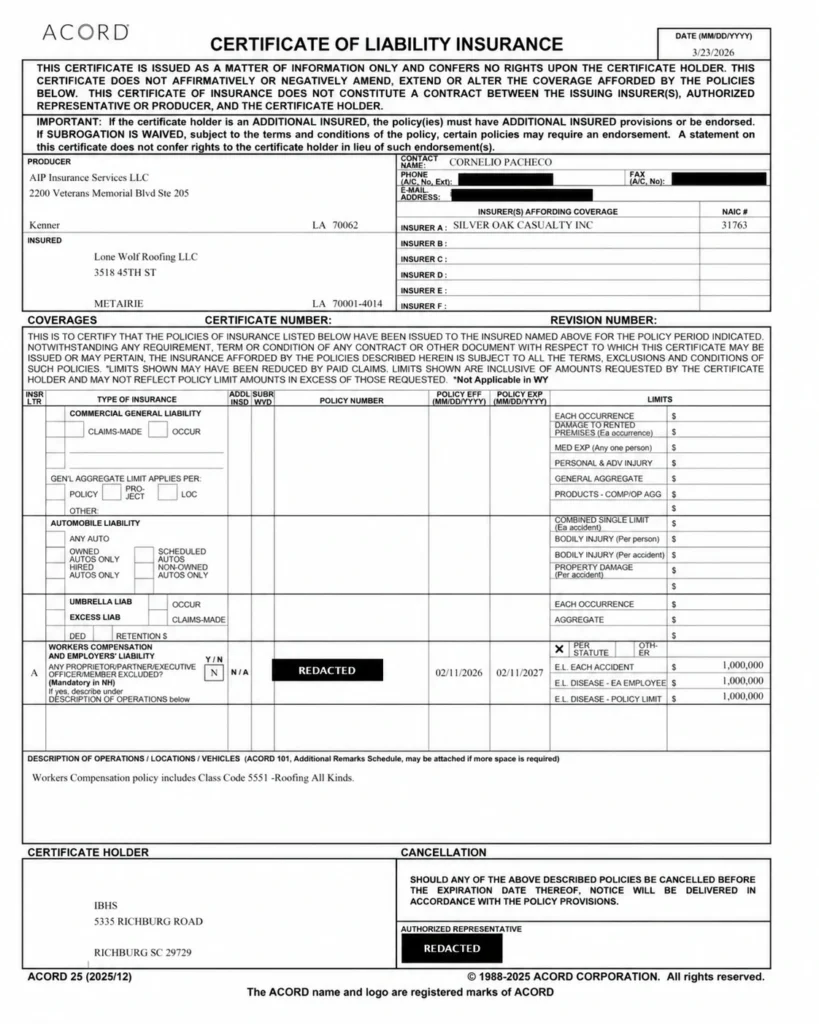 2026 general liability insurance certificate for Lone Wolf Roofing in Metairie, Louisiana