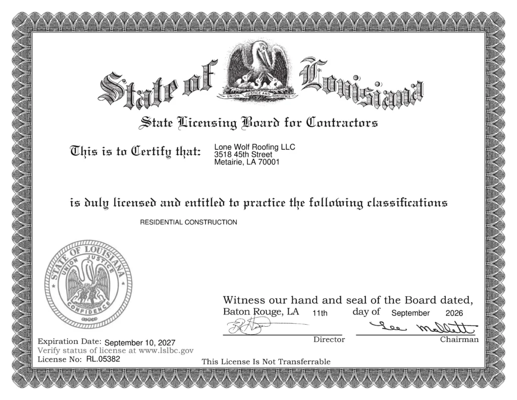 Lone Wolf Roofing Contractors License Certificate